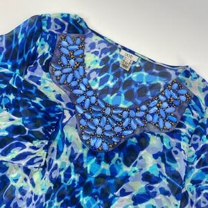 Cache Blouse Womens Large Blue Beaded Jewel Neck Animal Print Peplum Chiffon Top